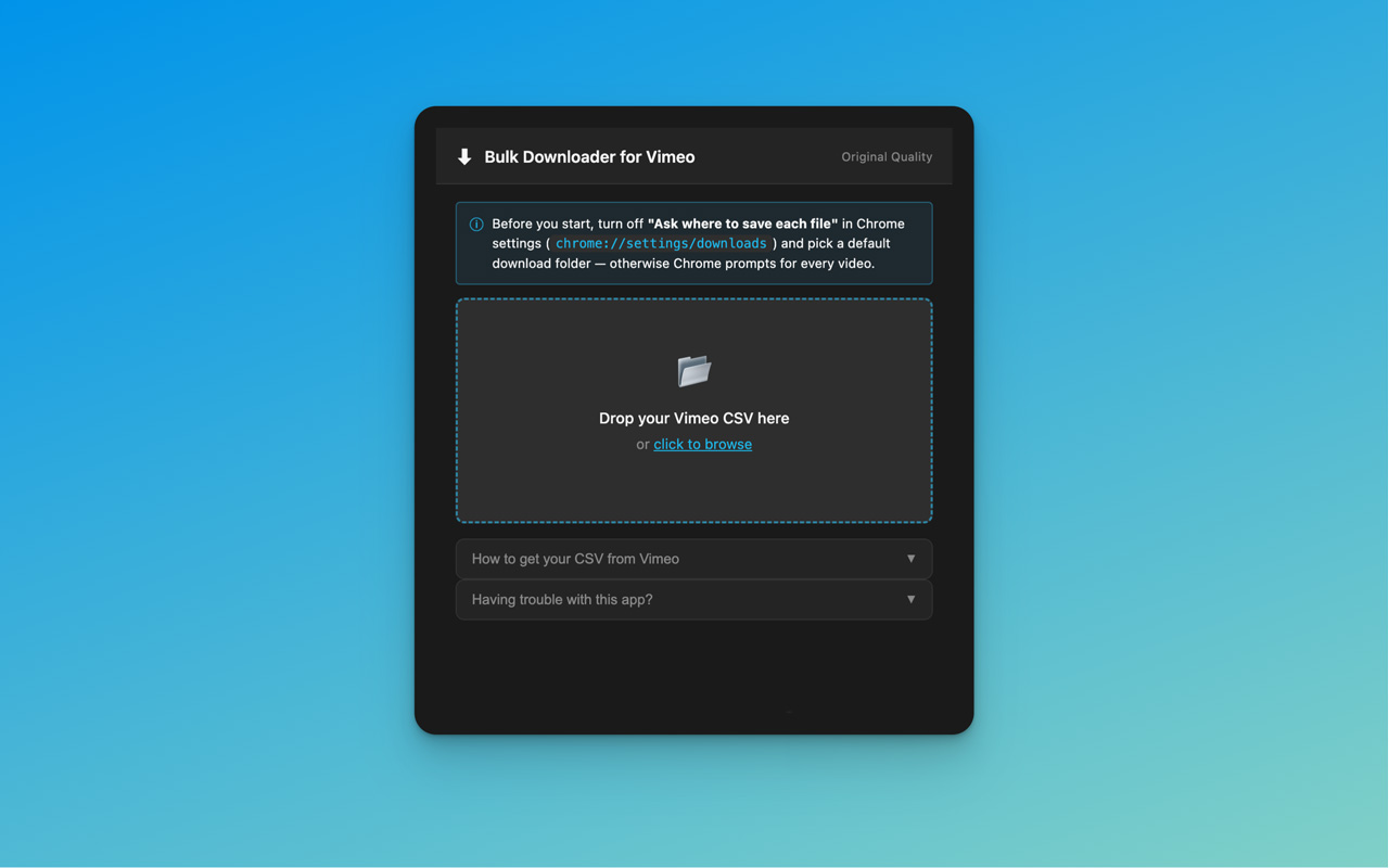 CSV upload screen of the Bulk Downloader for Vimeo Chrome extension