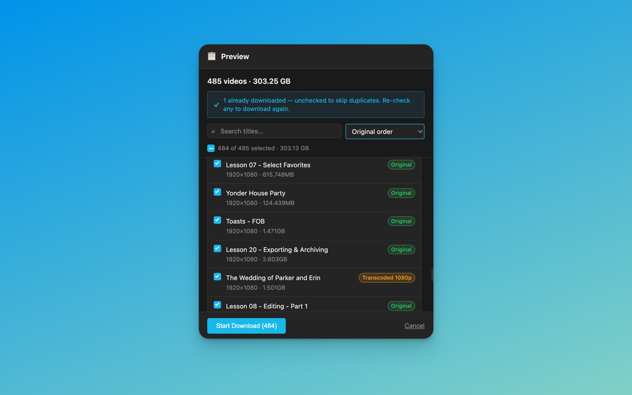 Step 2: preview every video in your Vimeo library and select what to download