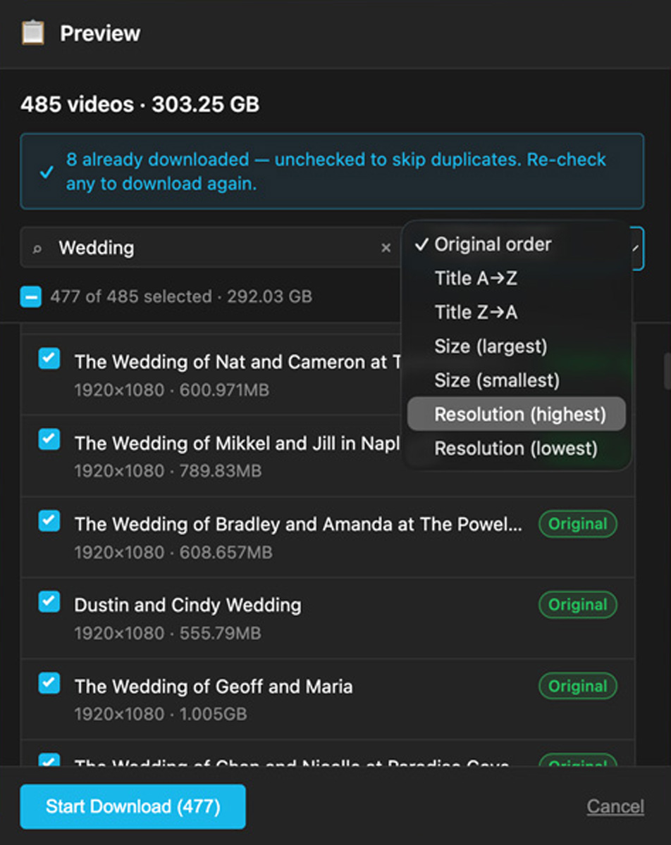 Bulk Downloader for Vimeo Chrome extension preview screen showing a Vimeo library ready to bulk download at original quality