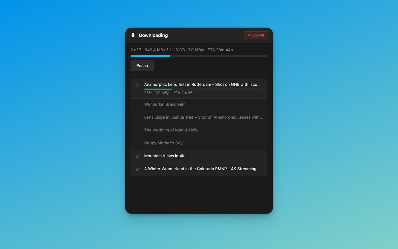 Live download progress with per-file speed and total ETA across a Vimeo library batch