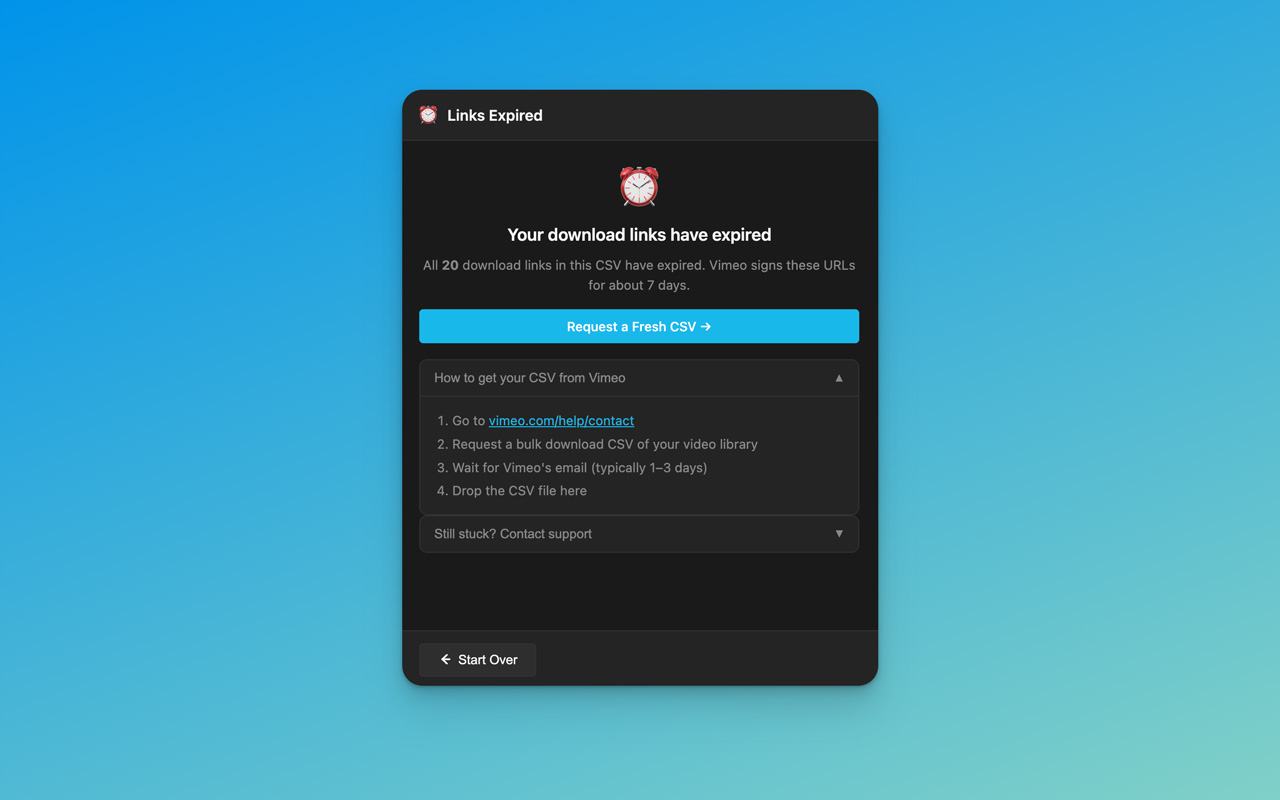 Expired Vimeo CSV detection screen, warning before any download is attempted